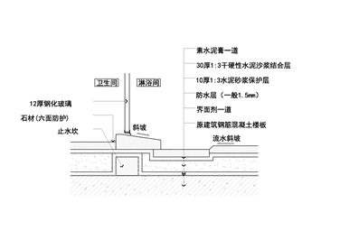 淋浴房地面石材玻璃地坎剖面节点图四